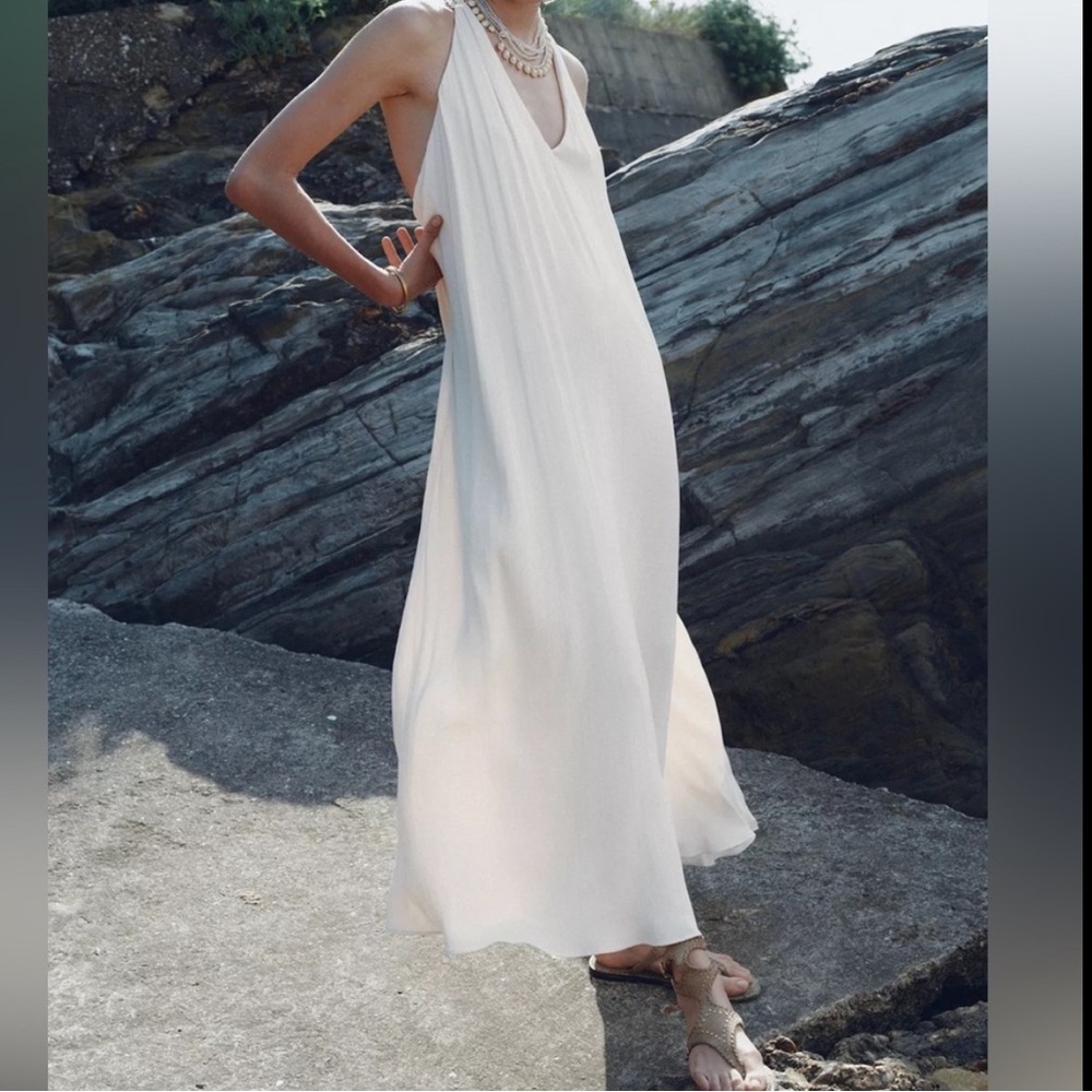 Flowy White Halter Maxi Dress Lace Back Beach Boho Romantic Bride Zara NWT M-L - Picture 10 of 13